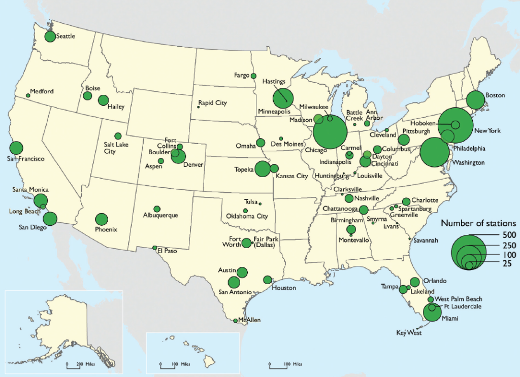 The number of bike-share stations in a given area is depicted here. A total of 46 bike-share systems operate the 2,655 stations in the U.S. For a fee, users can grab a bike at any docking station and then return the bike to another station in the system. Source: U.S. Department of Transportation, Bureau of Transportation Statistics, Intermodal Passenger Connectivity Database (as of Feb. 2, 2016)