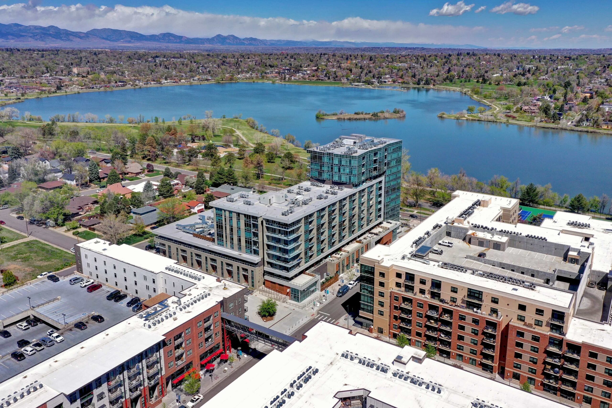 Scenic lakefront view of Sloan’s Lake and the surrounding Lakehouse residential development in Denver, Colorado.