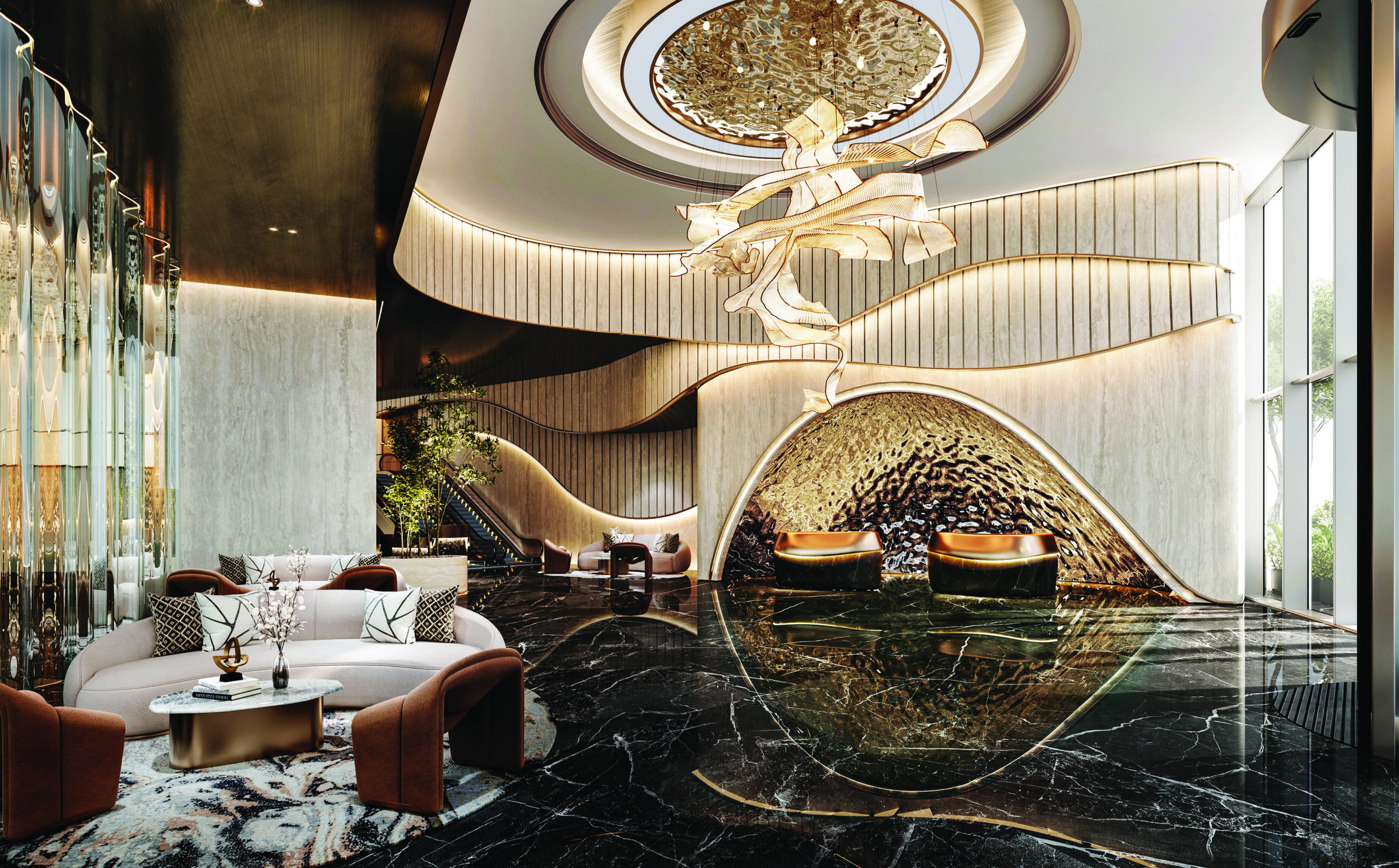 Luxurious interior of a grand hotel or residence featuring a crystal chandelier, ornate ceiling, and elegant furniture.