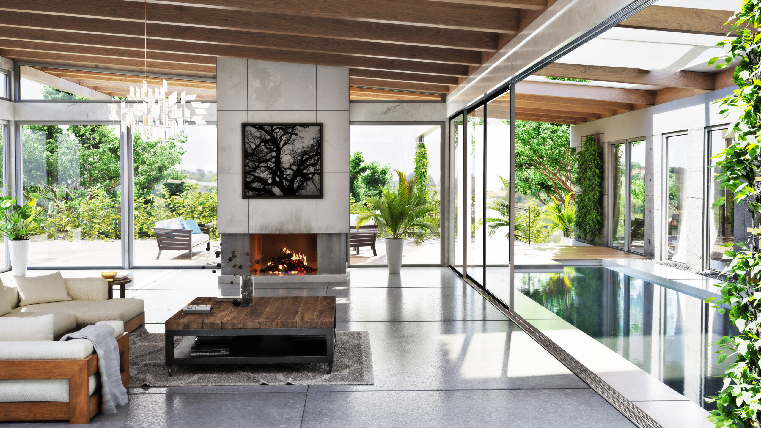 Elegant modern living space with a cozy fireplace, wooden beams, floor-to-ceiling windows, and an indoor pool surrounded by lush greenery and natural light.