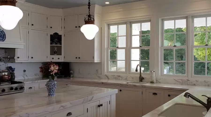 marble counter tops, open views